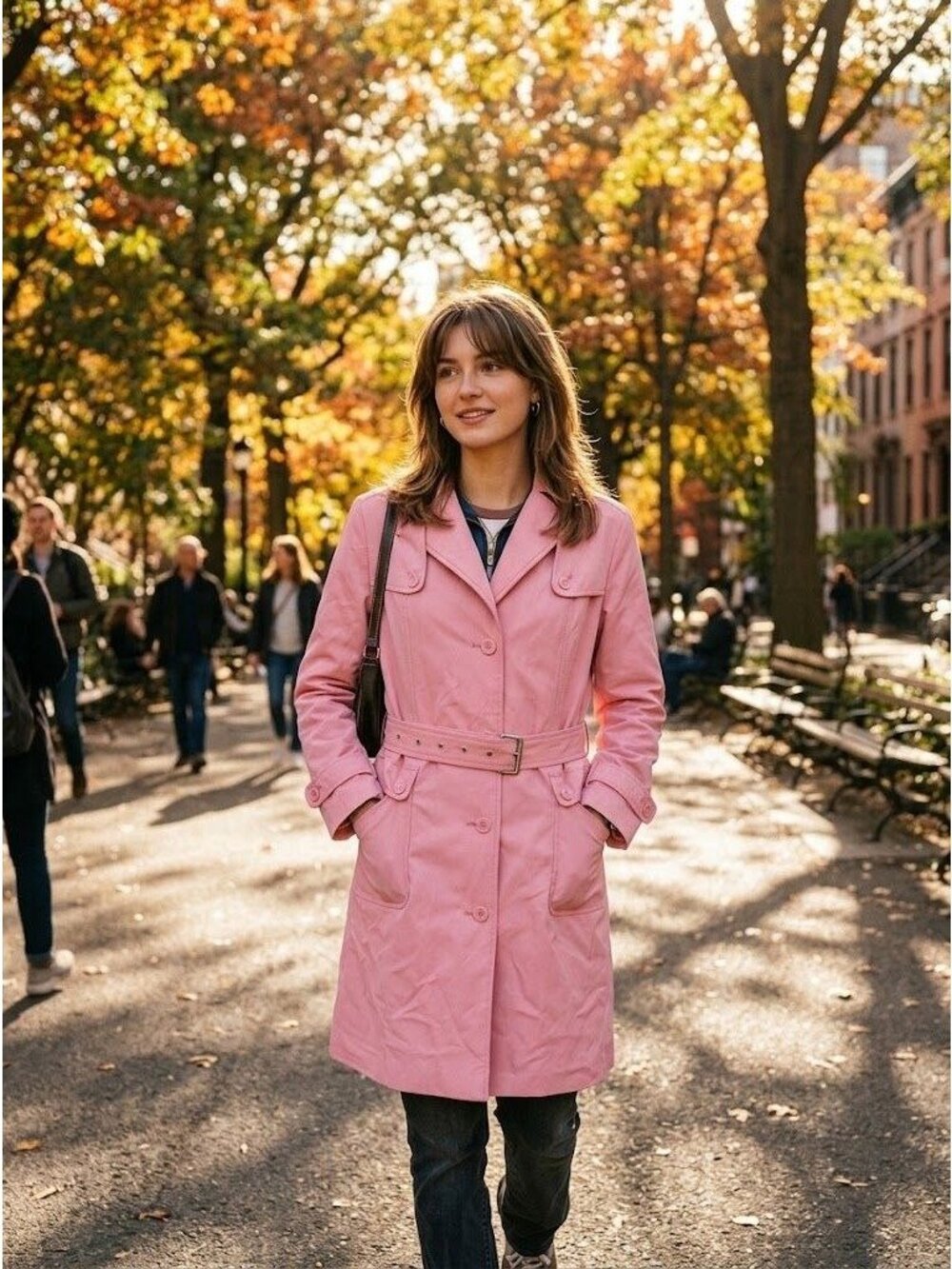 Vintage Y2K Pink Belted Trench Coat Jacket Womens Large Rain Duster Flap Pocket